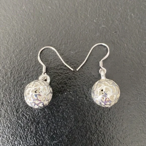 $5 SALE—Silver Hanging Ball with Cut-out Hearts Wire Earrings (not sterling) - Picture 2 of 3